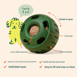 Green silicone slow feeder ball for pets close up