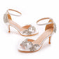 Evening peep toe sandal with stones on the vamp and none along the cut away sides