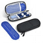 Black fabric insulated case open with pens and a blue gel ice pack printed with freezing instructions