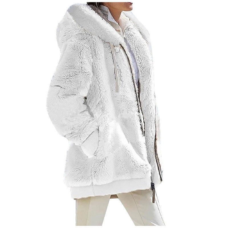 Women's loose plush hooded zip jacket with a contrast lined drawstring hood and two zip pockets