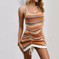 Boho striped knit strappy summer mini dress worn as a beach cover up, square neck with ivory trim