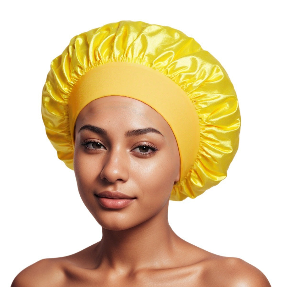 Yellow satin sleep bonnet with ruffled crown and wide elastic band, 30 cm diameter