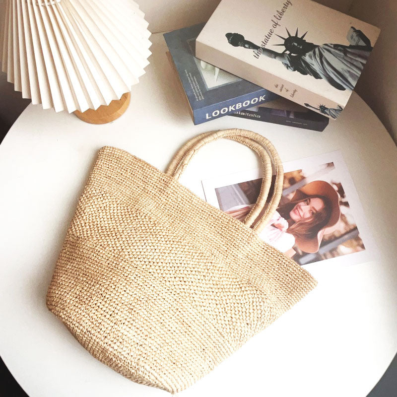 Handwoven Natural Straw Summer Handbag | side profile angle shot