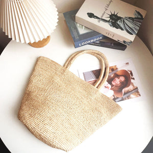 Handwoven Natural Straw Summer Handbag | side profile angle shot