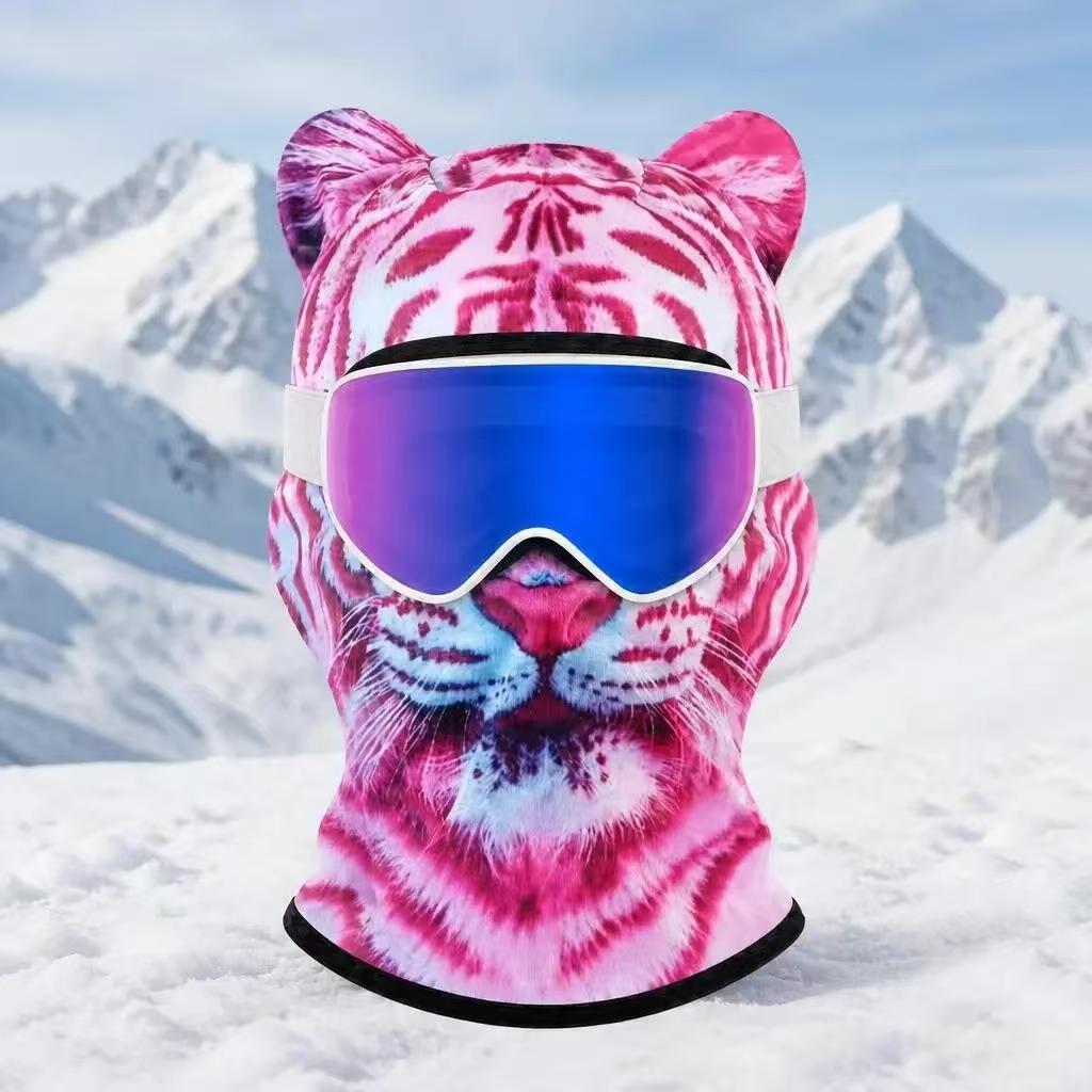 Pink tiger stripe print fleece balaclava with round ears, Animal Winter Mask F option