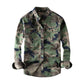 Men's washed camouflage long sleeve button shirt with two flap chest pockets showing the point collar