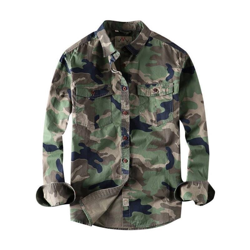 Men's washed camouflage long sleeve button shirt with two flap chest pockets showing the point collar