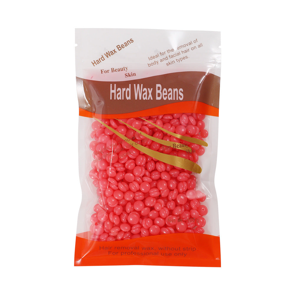 Resealable pouch of pink rose hard wax beads with the stripless wax line on the front