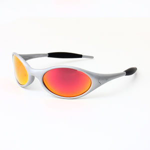 Sport sunglasses side profile showing the curved temple arm and rubber grip