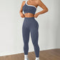 High waist leggings of the ribbed yoga set shown close, smooth wide waistband in nylon spandex