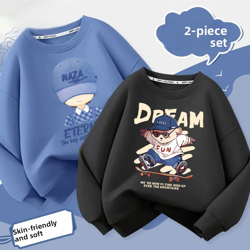 Front view of a boys black cartoon print sweatshirt showing a thunder and letter print