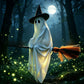 Close view of the black witch hat and glowing cloth ghost body on a broom