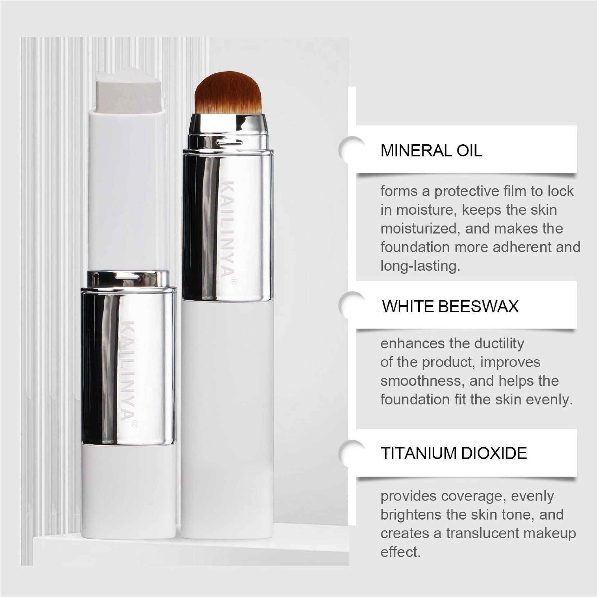 Cream foundation stick photographed beside the three ingredients the maker names for the bullet