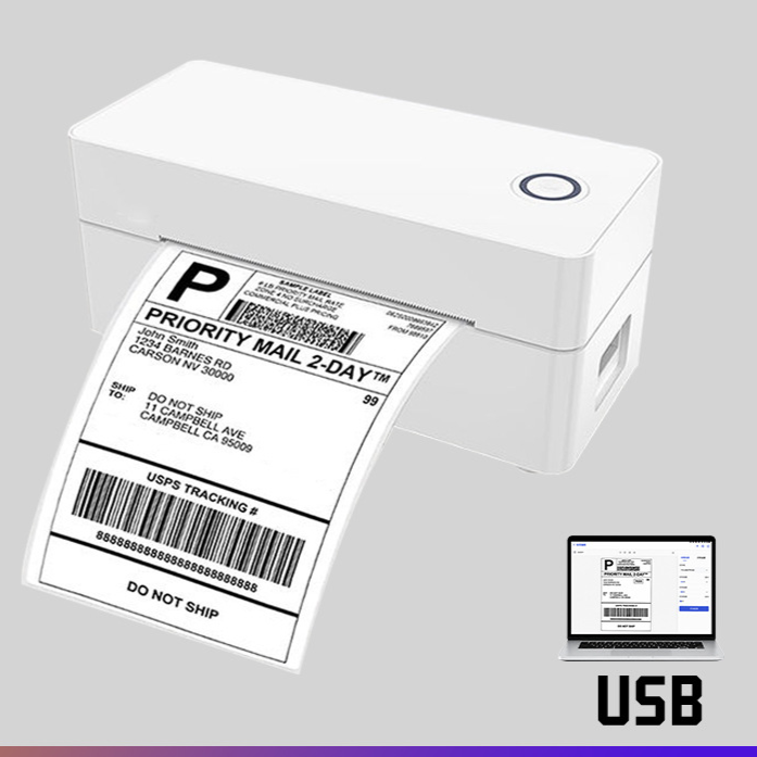 White thermal label printer with a round power button on top