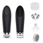 Ultrasonic facial cleanser held against a wet cheek in soft light