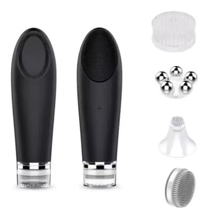 Ultrasonic facial cleanser held against a wet cheek in soft light