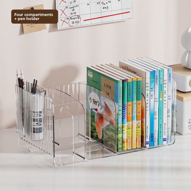 Clear 4 section book organizer with a ribbed pen holder at the left, option 4-Compartment Transparent with Pen Holder