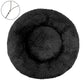 Black round plush pet bed with a raised bolster rim on a plain background