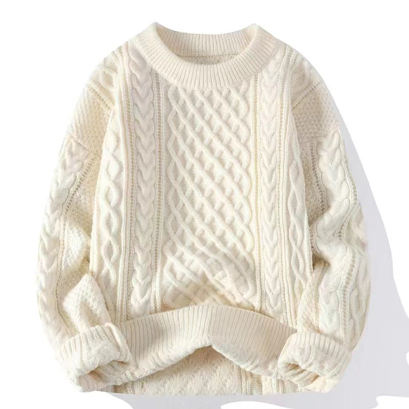 Front view of the cable twist knit crewneck pullover with braided panels down the centre front