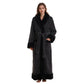 Woman wearing a long dark gray flannel bathrobe with black shawl collar, cuffs and hem, dark gray variant
