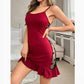 Red heart mesh camisole nightgown side view showing the sheer flocked side panel and ruffle hem
