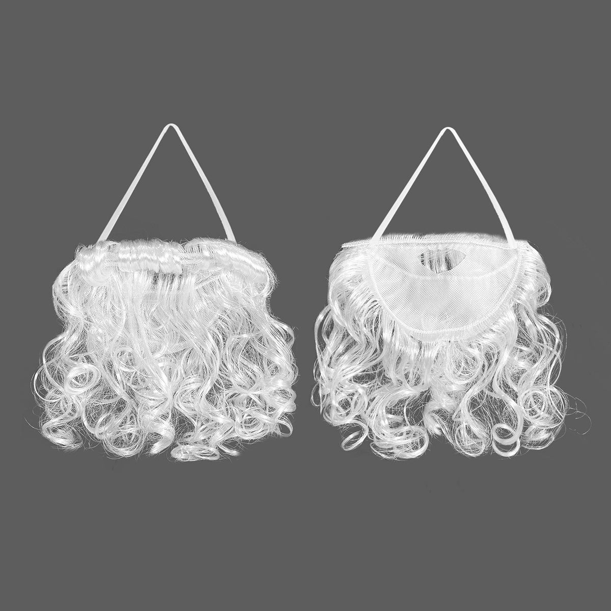 White curly synthetic Santa Claus costume wig and matching beard set on a costumed model