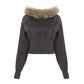 Flat lay of the dark gray cropped hooded zip jacket with a tan plush fur trim and ribbed hem and cuffs