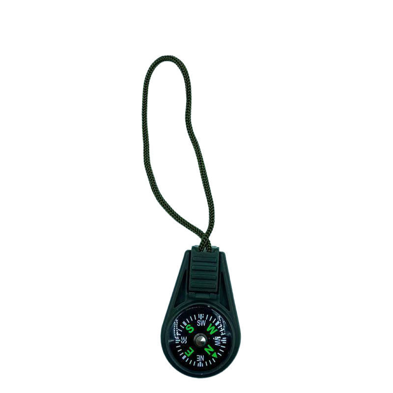 Dark green teardrop mini compass with a dark green cord loop and black dial, shown on the Military Green option