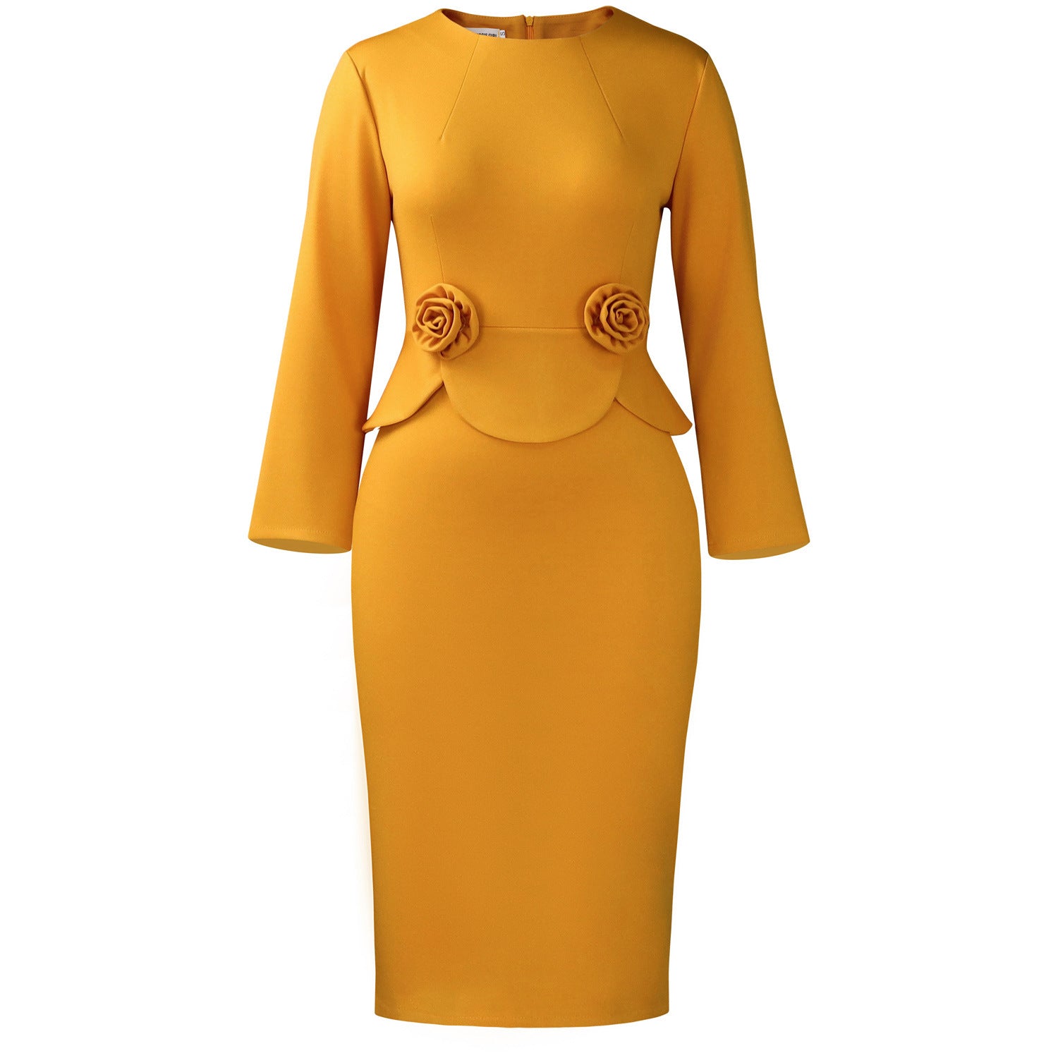 Mustard peplum bodycon midi dress flat on white, roses and neck zip, Earthy yellow option