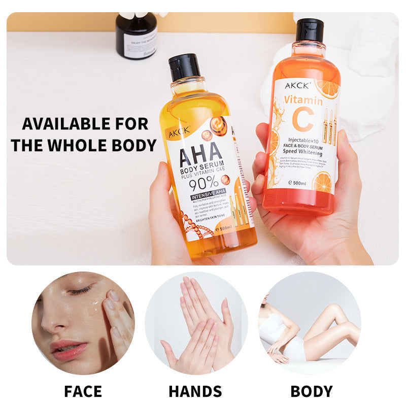 Close look at the AHA face and body serum bottle with its black flip cap and 500ml orange formula.