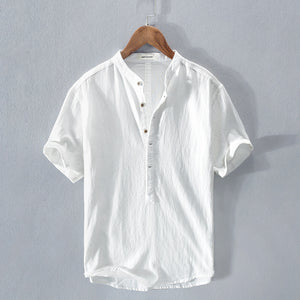 Cotton linen short sleeve pullover shirt front view