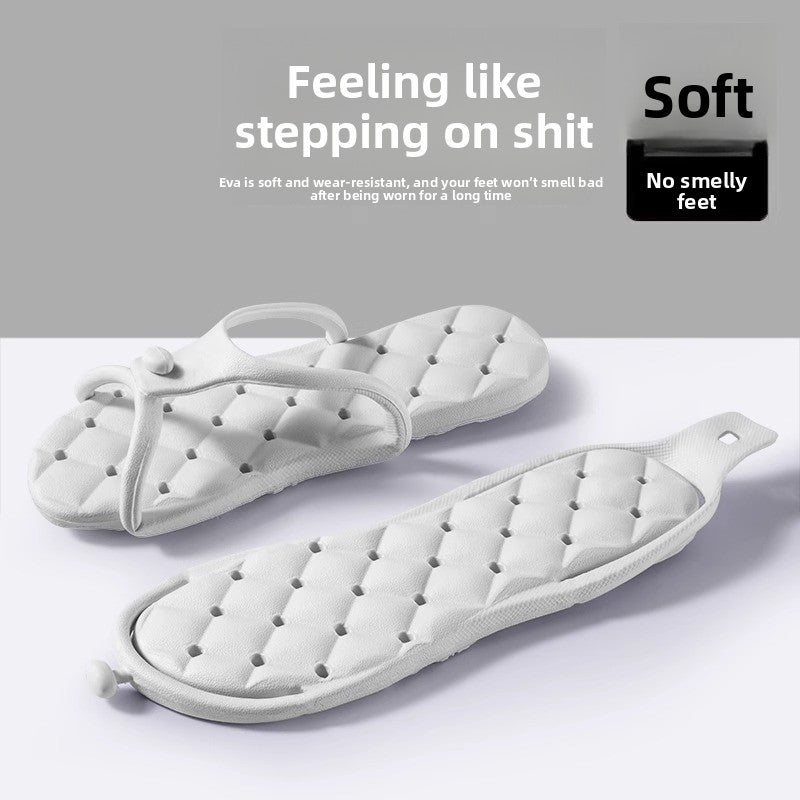 Foldable EVA travel slipper shown with water draining through the perforated sole