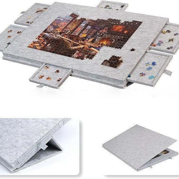 Silver gray felt puzzle board with six sorting drawers around a puzzle in progress, with two folded views below