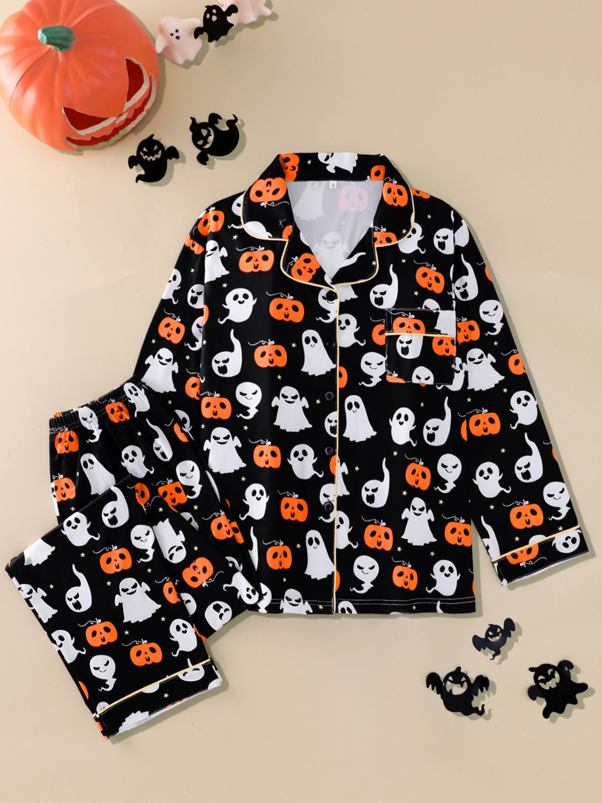 Black Pumpkin Ghost pajama set with orange pumpkins and white ghosts, size S option photo