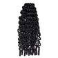 Spiral curl black human hair crochet strand hanging from its top loop on a white ground