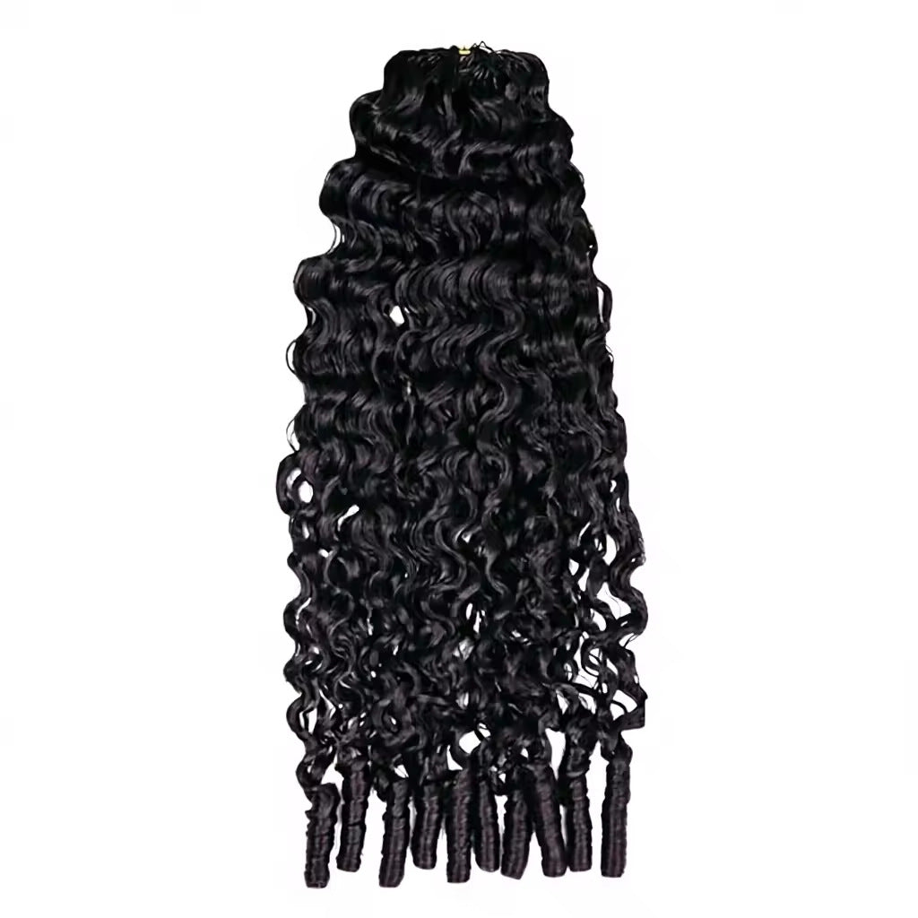 Spiral curl black human hair crochet strand hanging from its top loop on a white ground