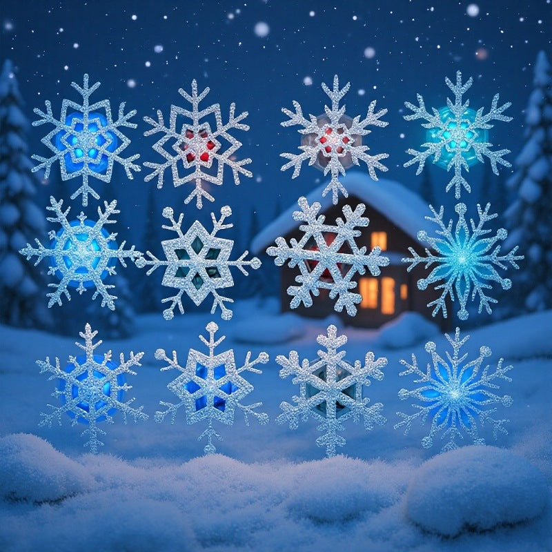 Glitter snowflake wall stickers on a snowy night scene with softly glowing jewel tone centers