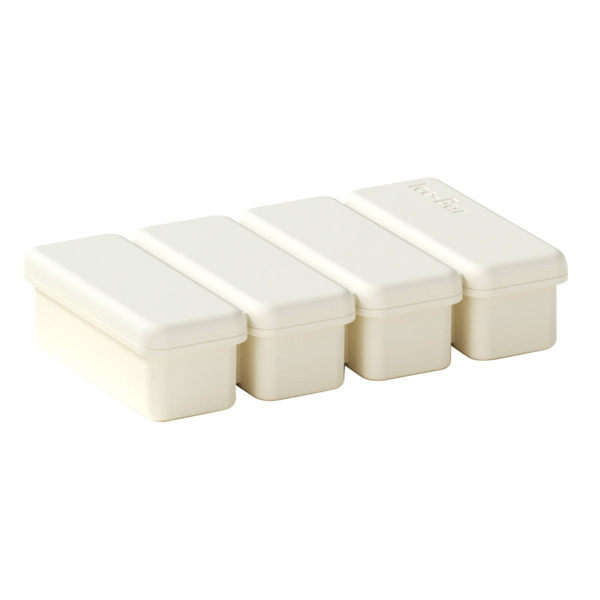 Four section tray shown closed with its lid, joined rectangular blocks on white, option 4 Sections Lidded Tray, Ivory