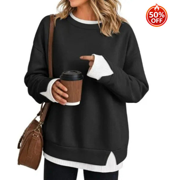 Black pullover sweatshirt for women in a soft polyester cotton blend with loose fit