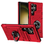 Red rugged phone case shown front and back with a black metal ring stand on the panel