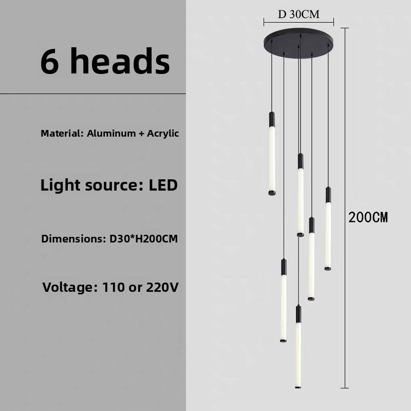 Specification panel of the 6 heads spiral LED chandelier with aluminum acrylic tubes, dimensions and light source