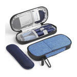 Open insulated pen case with foil lining, mesh pocket and pens beside a closed light blue case and a navy ice pack