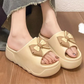 Womens platform slides, khaki bow platform slide from the side