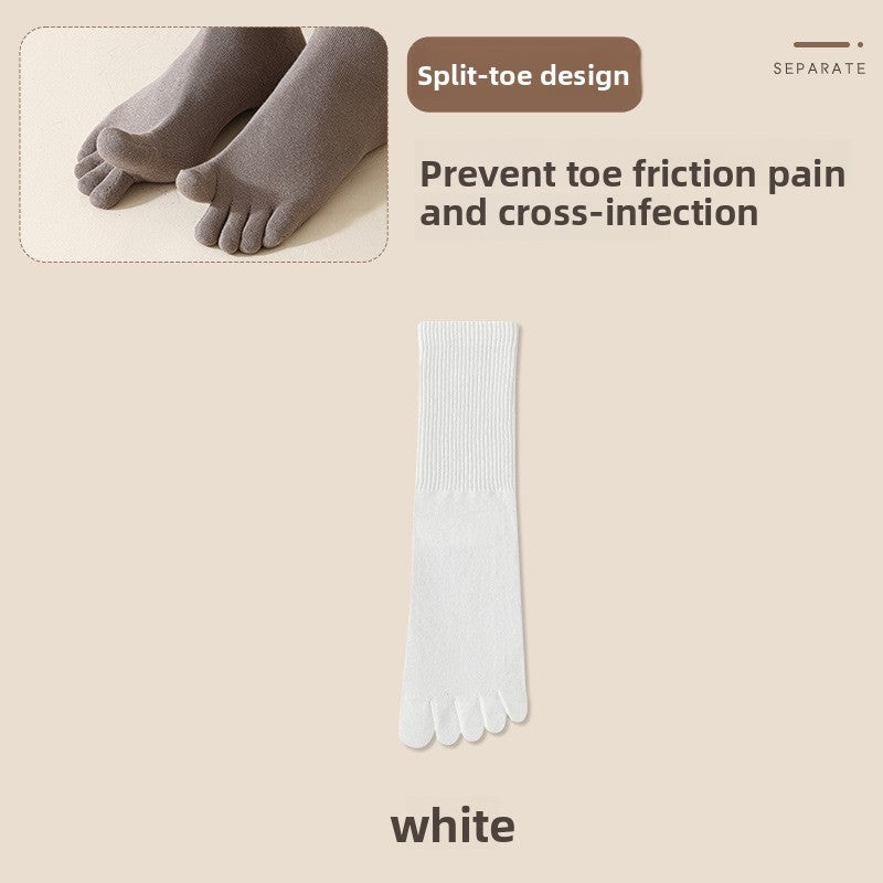 White five-finger cotton sock laid flat with separated toes, White option