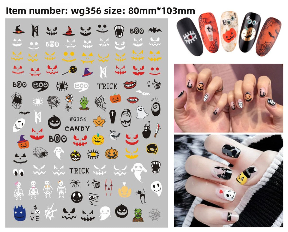 Self adhesive vinyl nail decals with grinning skull and pumpkin art