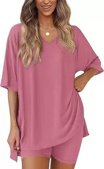Pink milk silk V neck loungewear set, oversized top and matching shorts, size L