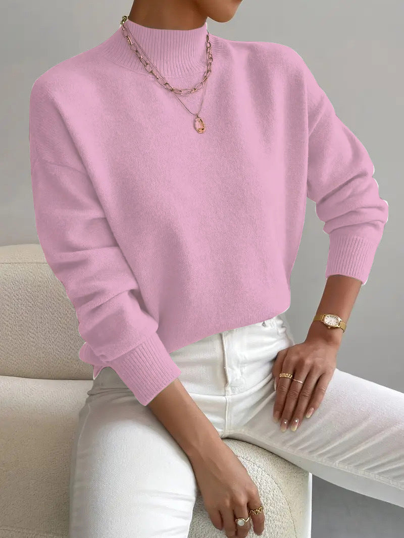 Lilac Pink half-high neck pullover sweater with long sleeves worn with white trousers, size M variant image