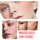 Close-ups of faces wearing pink jelly blush on the cheeks, with a before and after comparison
