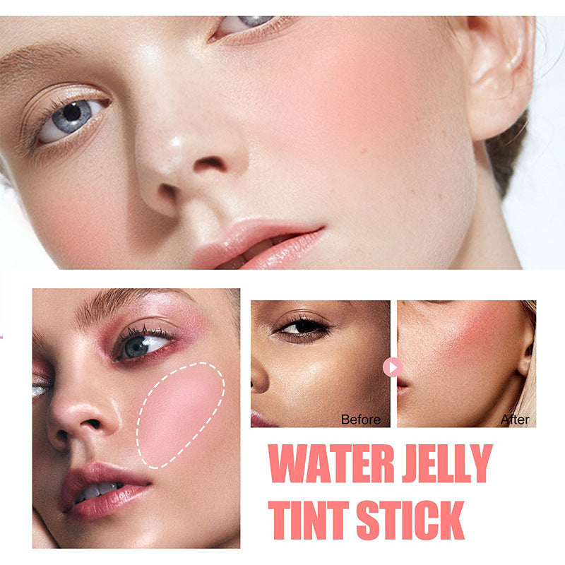 Close-ups of faces wearing pink jelly blush on the cheeks, with a before and after comparison