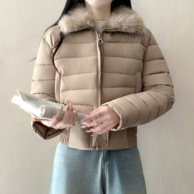 Womens Cropped Padded Puffer Jacket with Faux Fur Collar